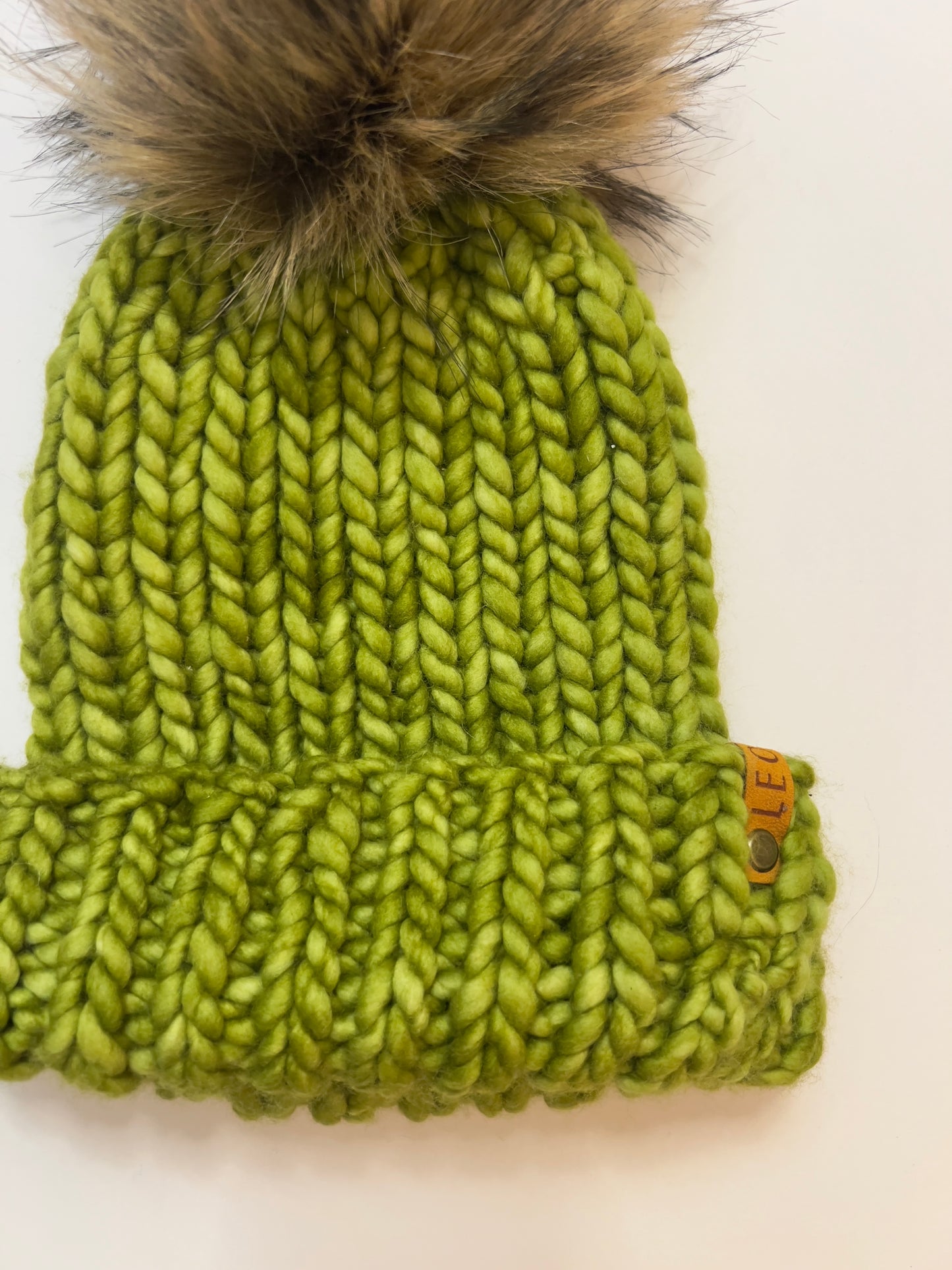 Handmade Wool Knit Hat with Faux Fur Pom | Chartreuse