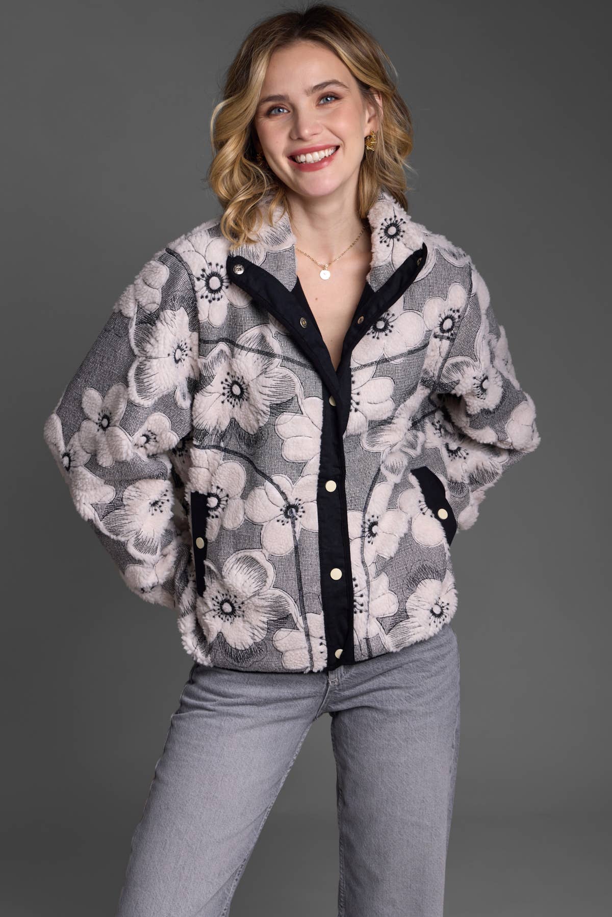 Floral Sherpa Jacket | Black & White