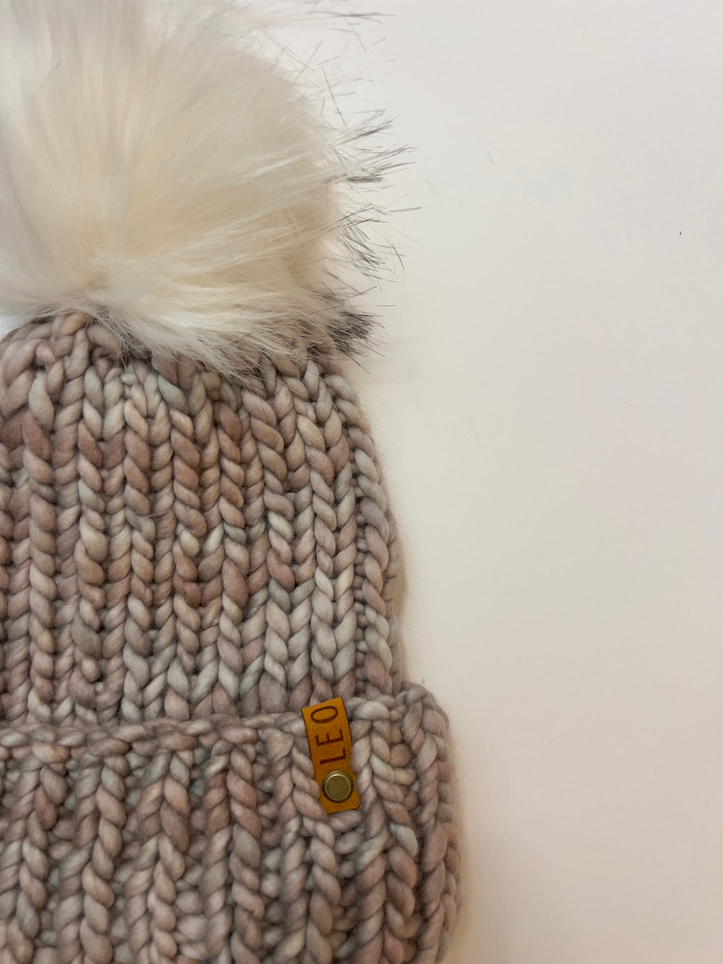 Handmade Wool Knit Hat with Faux Fur Pom | Light Multi