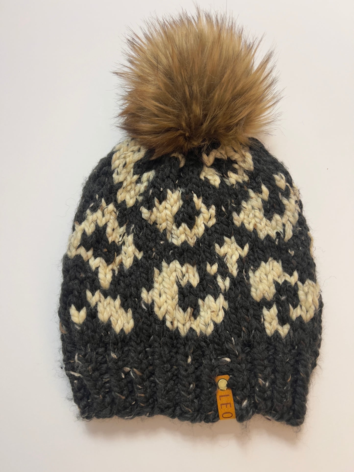 Handmade Wool Knit Hat with Faux Fur Pom | Leopard