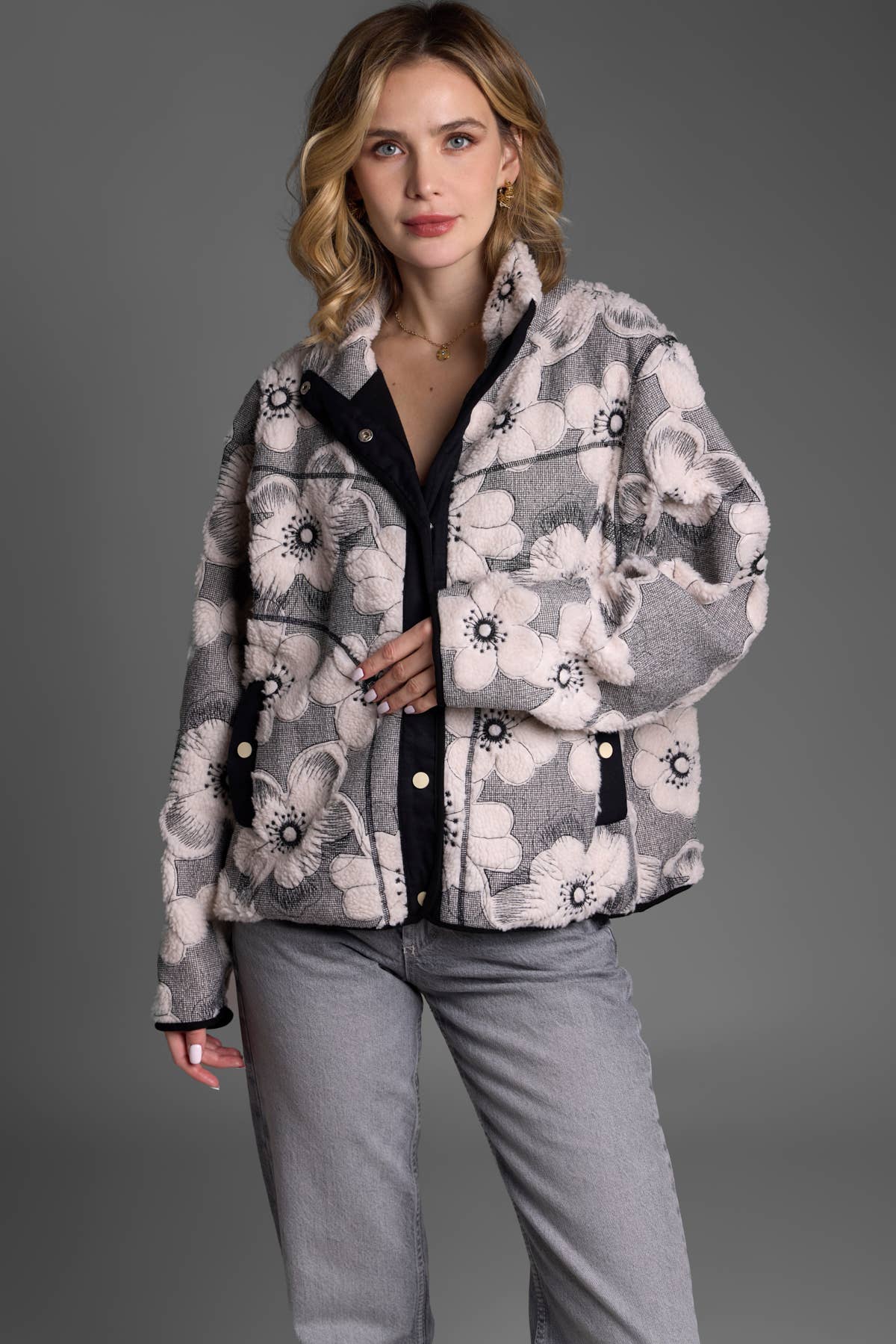 Floral Sherpa Jacket | Black & White
