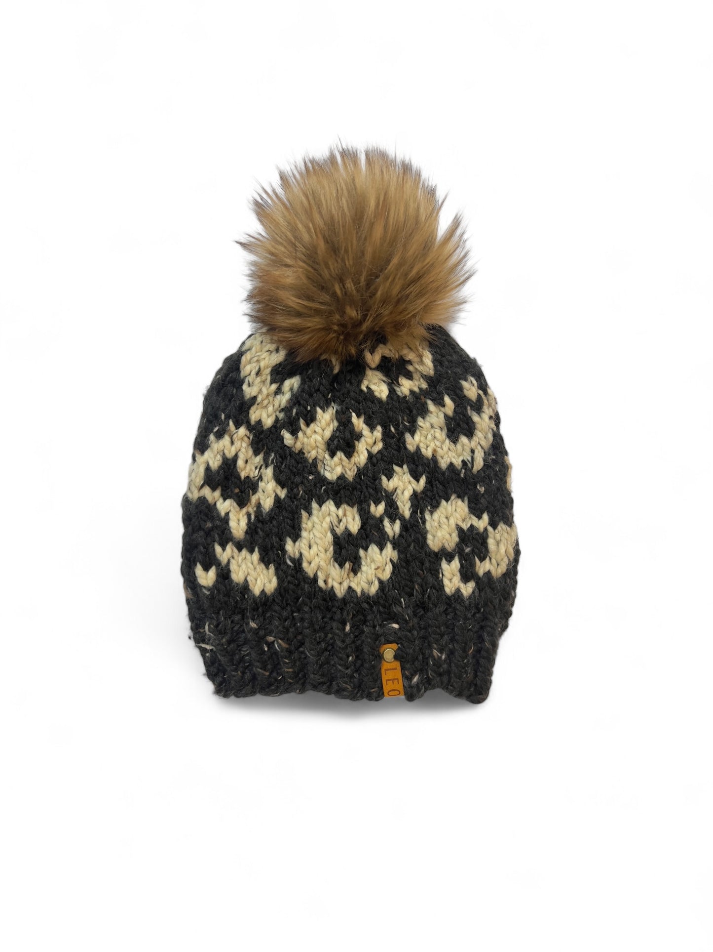 Handmade Wool Knit Hat with Faux Fur Pom | Leopard