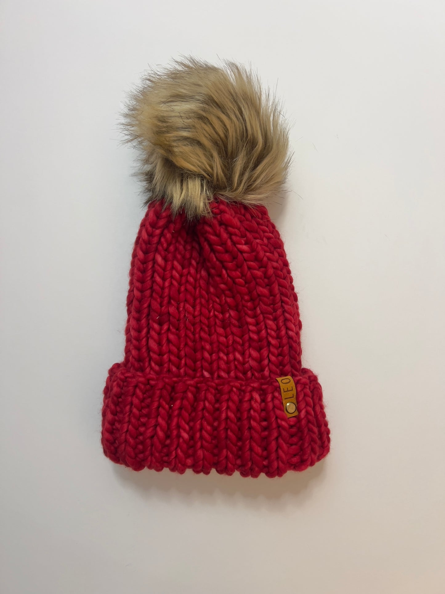 Handmade Wool Knit Hat with Faux Fur Pom | Red