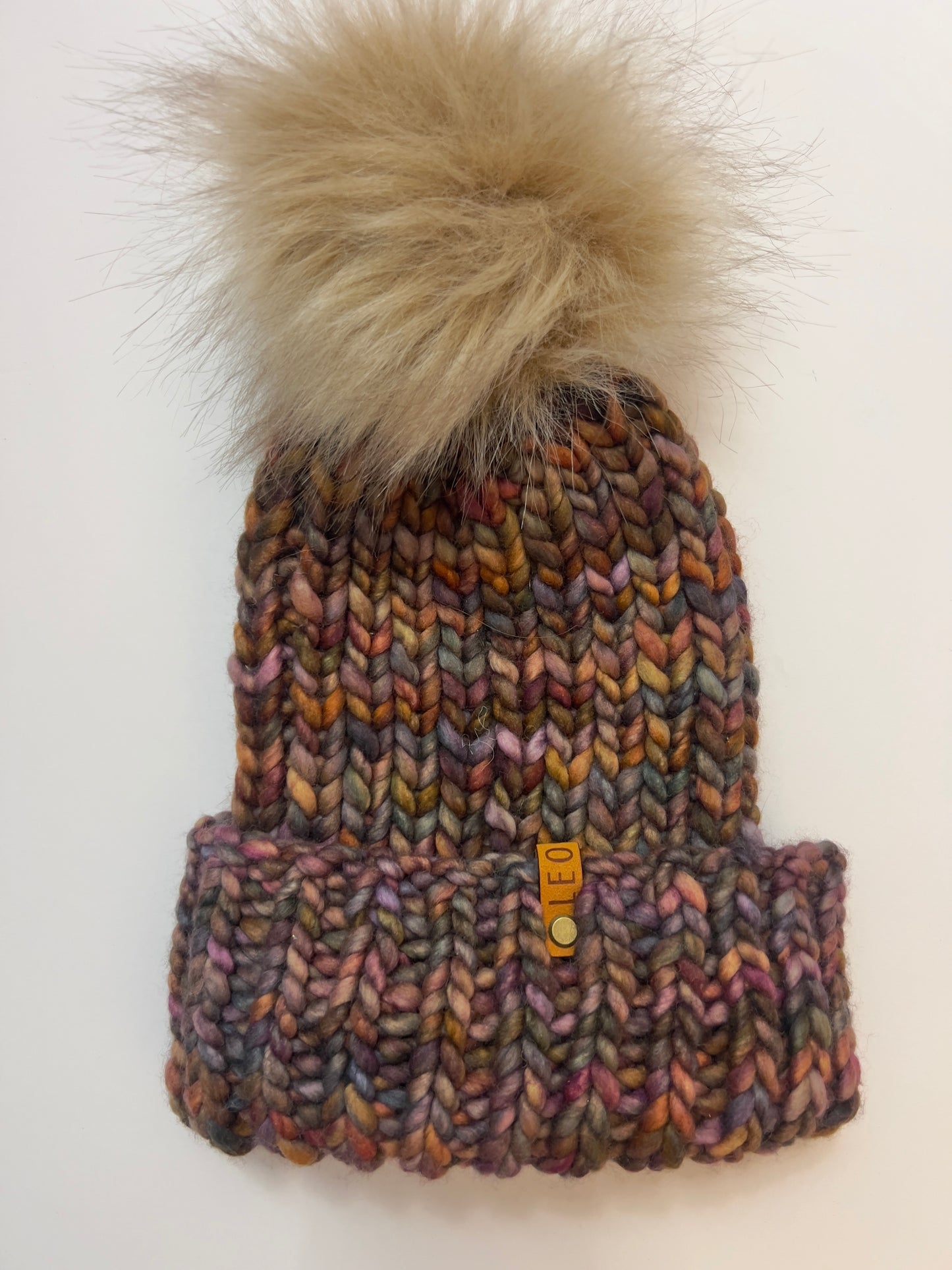 Handmade Wool Knit Hat with Faux Fur Pom | Dark Multi