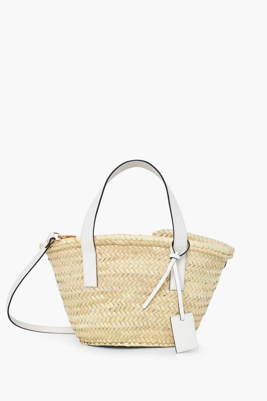 Straw Tote with White Leather Straps
