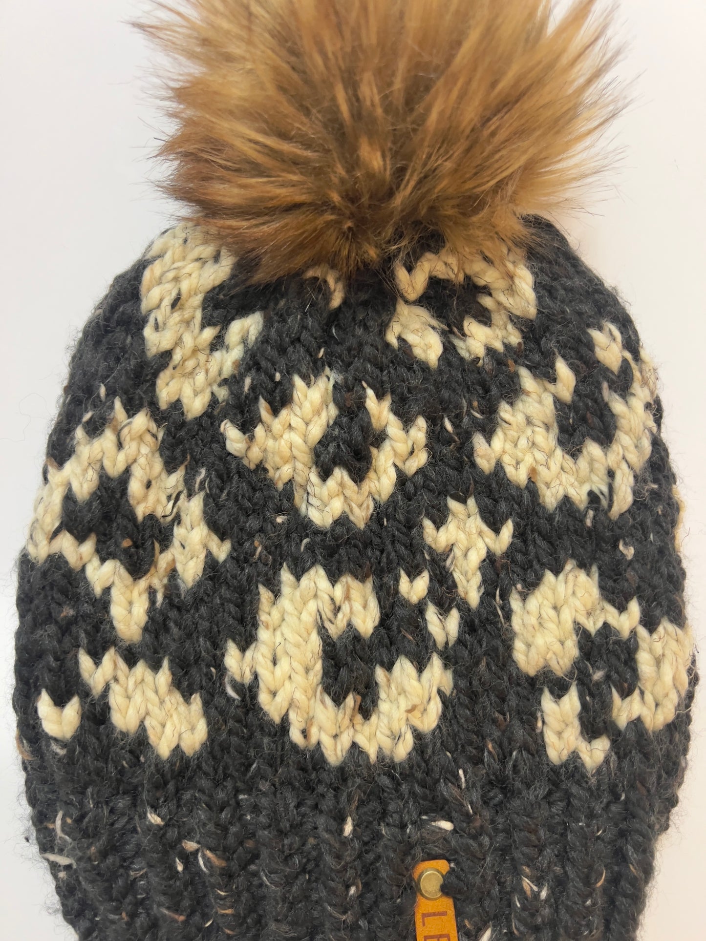 Handmade Wool Knit Hat with Faux Fur Pom | Leopard