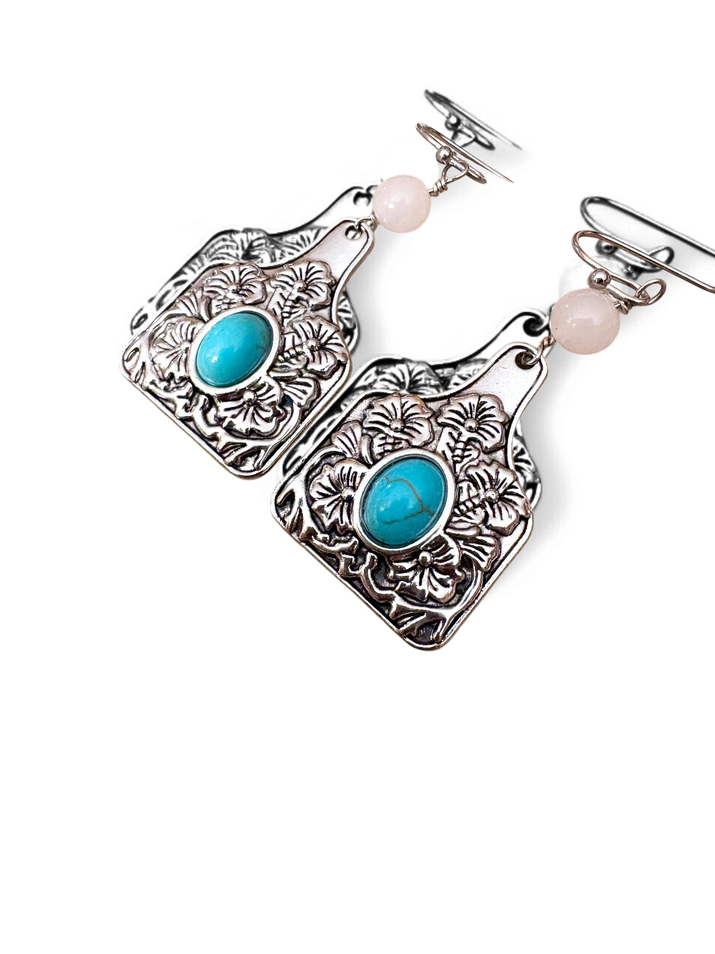 Earrings | Silver Floral | Turquoise Pink Beads