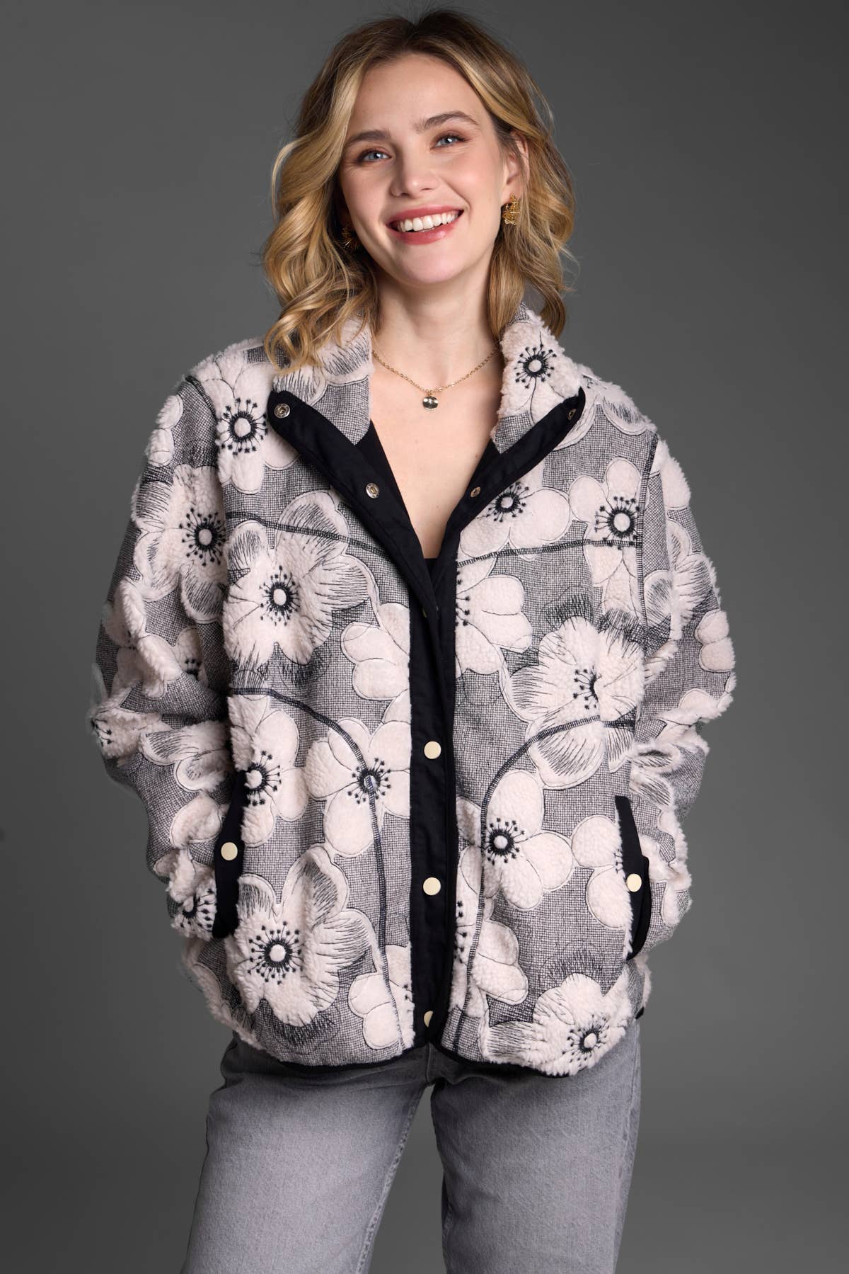 Floral Sherpa Jacket | Black & White