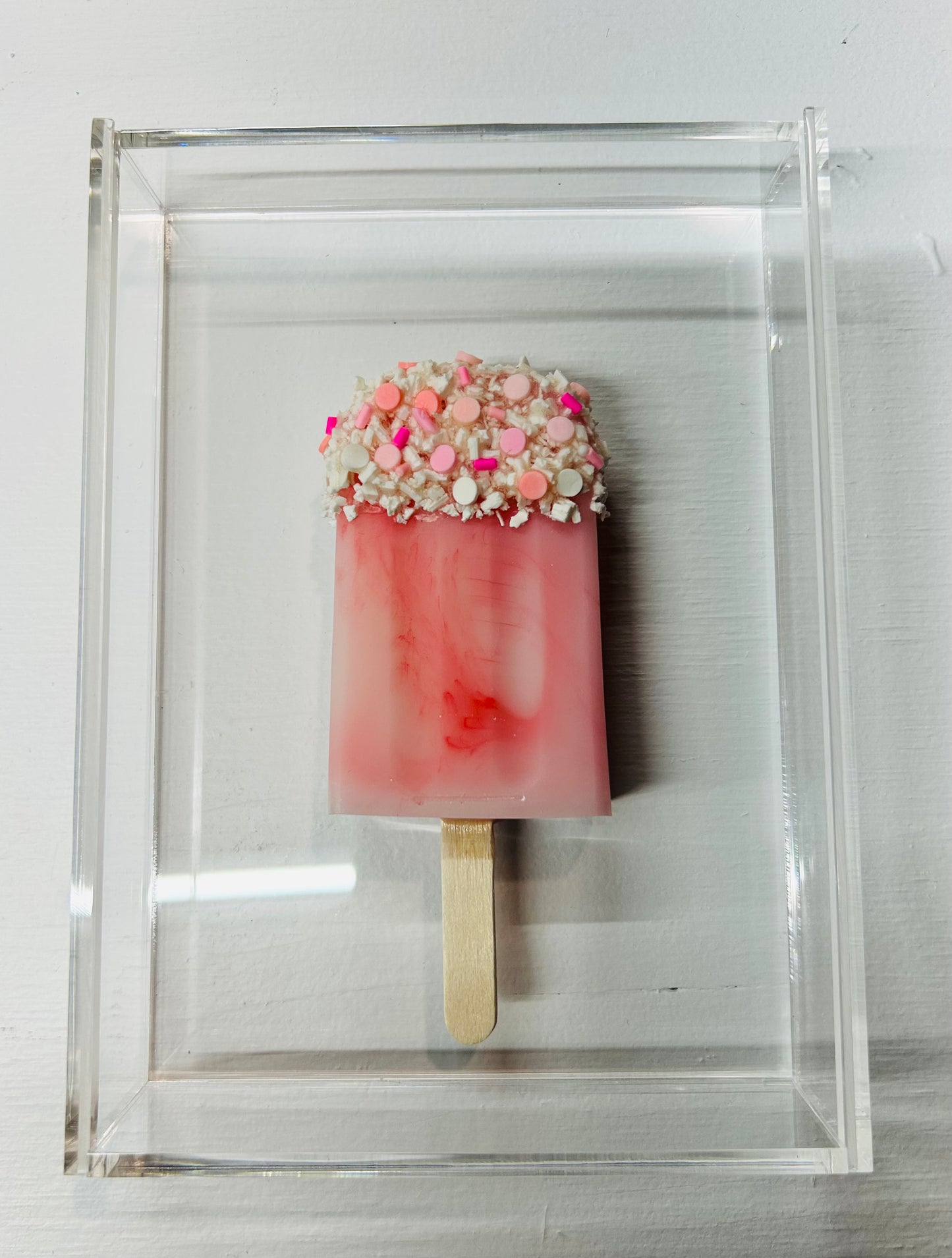 Resin and Acrylic Single Popsicle Art, 5 x 7, Pink and White Swirl (CIR003)