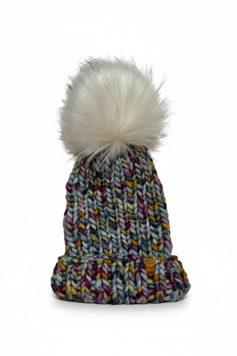Handmade Wool Knit Hat with Faux Fur Pom | Blue Multi