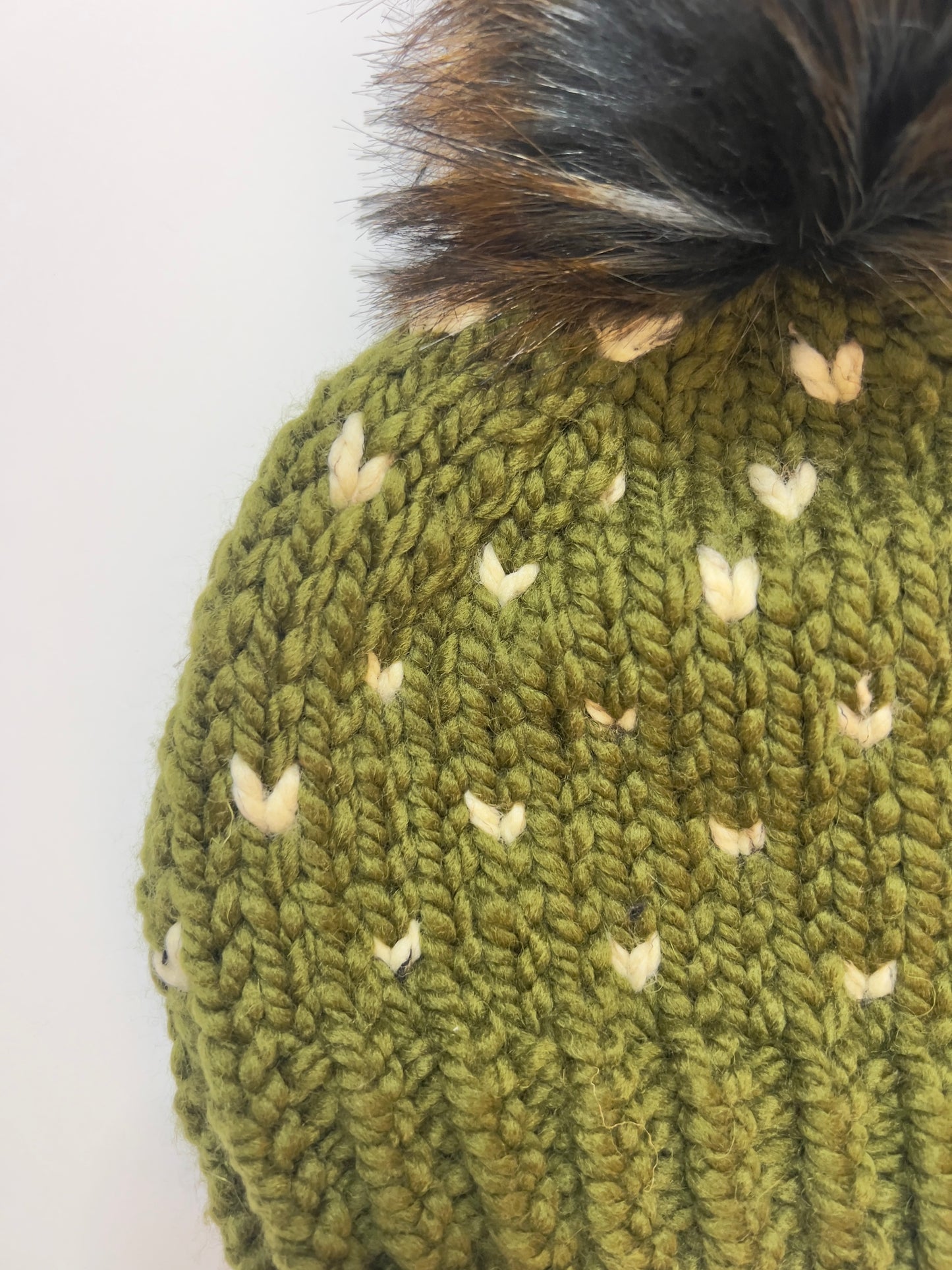 Handmade Wool Knit Hat with Faux Fur Pom | Hearts