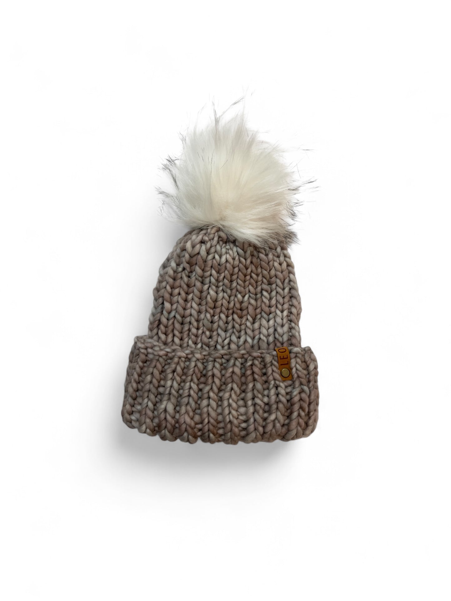 Handmade Wool Knit Hat with Faux Fur Pom | Light Multi