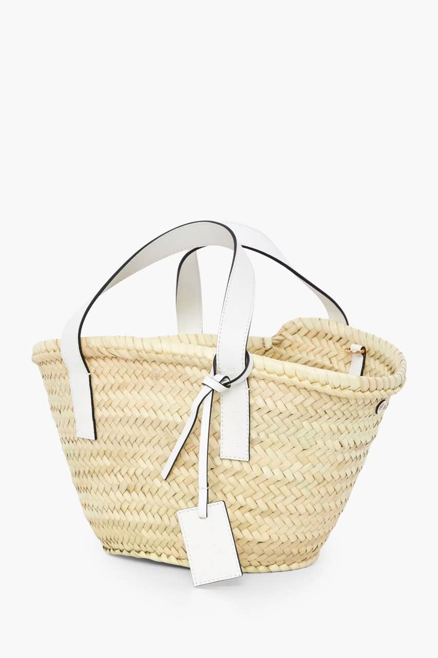 Straw Tote with White Leather Straps