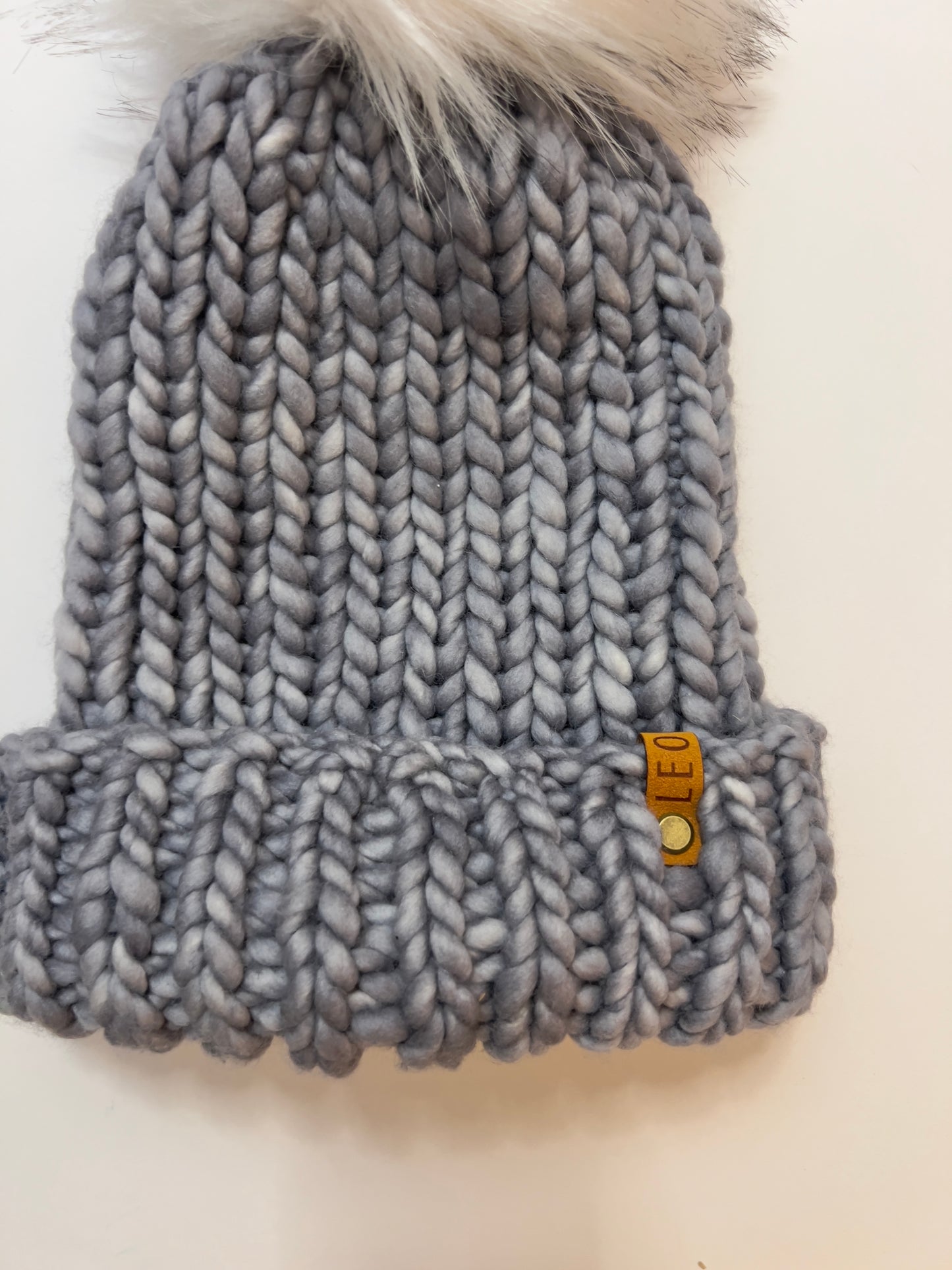 Handmade Wool Knit Hat with Faux Fur Pom | Gray