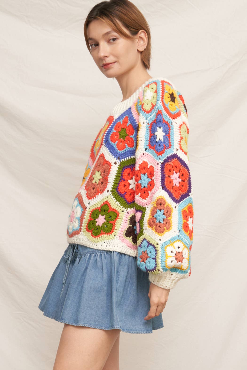 Chunky Oversized Granny Squared Crochet Sweater | White