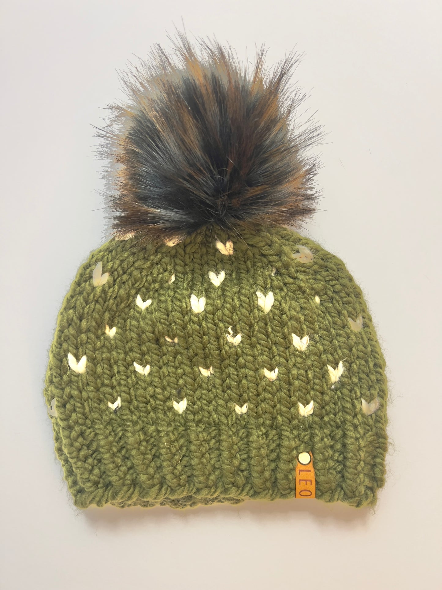 Handmade Wool Knit Hat with Faux Fur Pom | Hearts