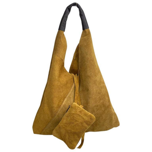 Women's Suede Leather Shoulder Bag with Purse: Mustard