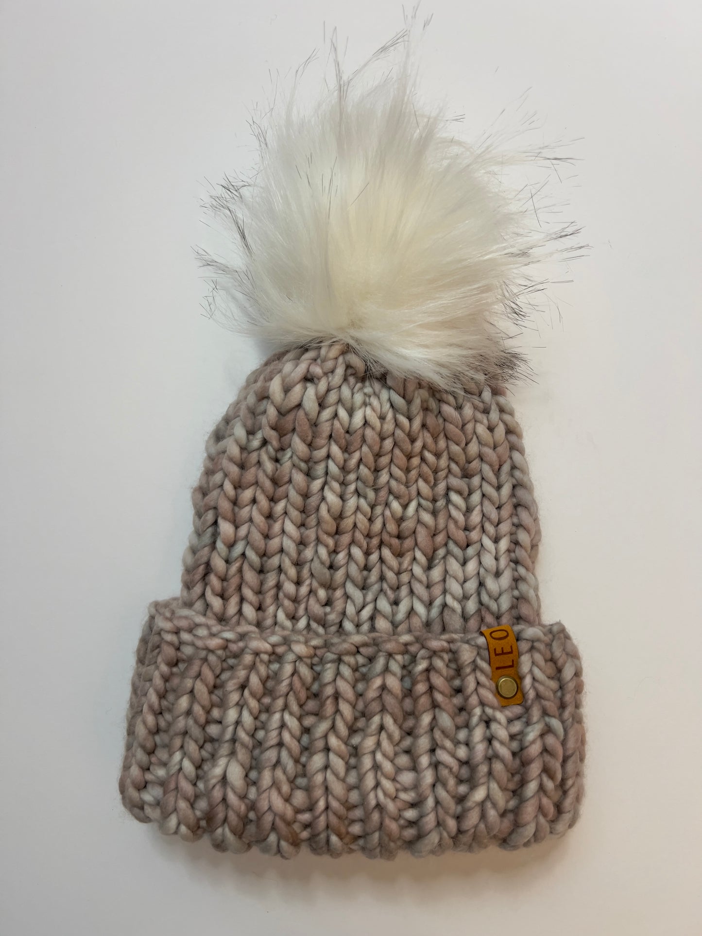 Handmade Wool Knit Hat with Faux Fur Pom | Light Multi