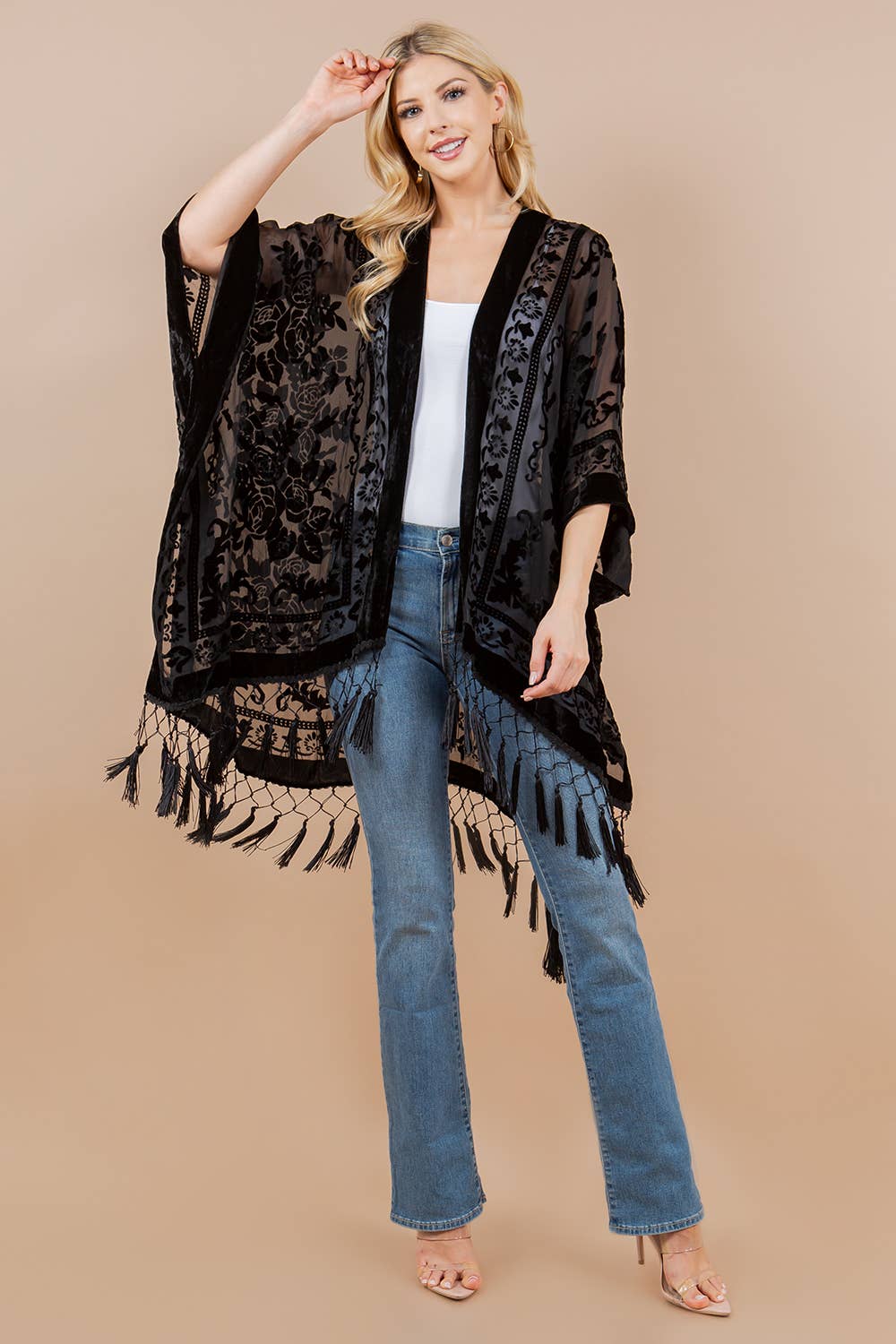 Kimono | Velvet Burnout | Black Fringe