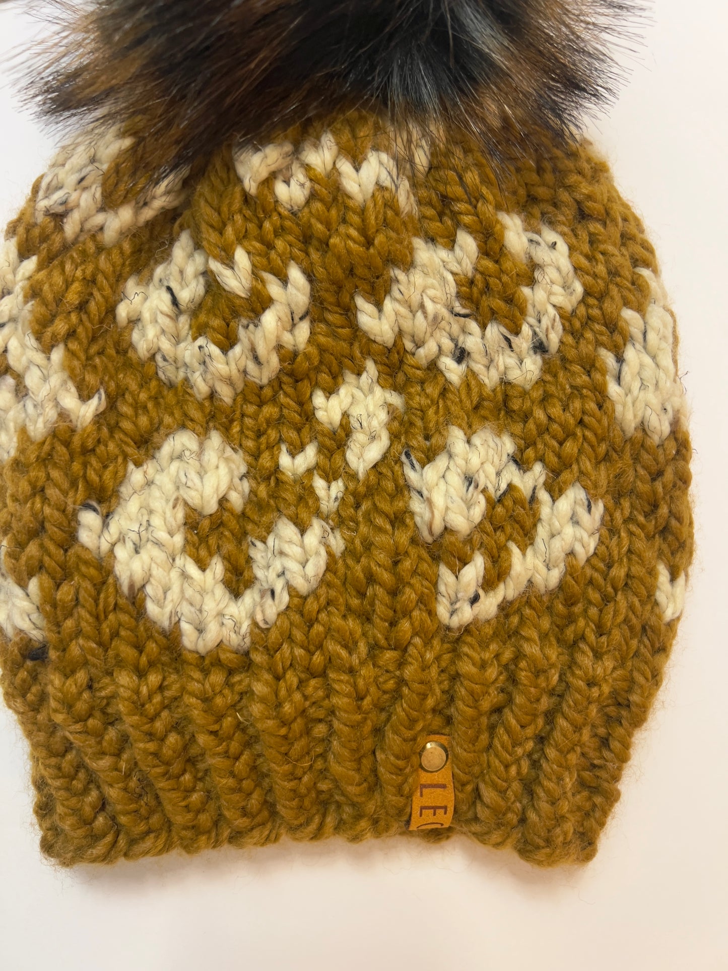 Handmade Wool Knit Hat with Faux Fur Pom | Leopard