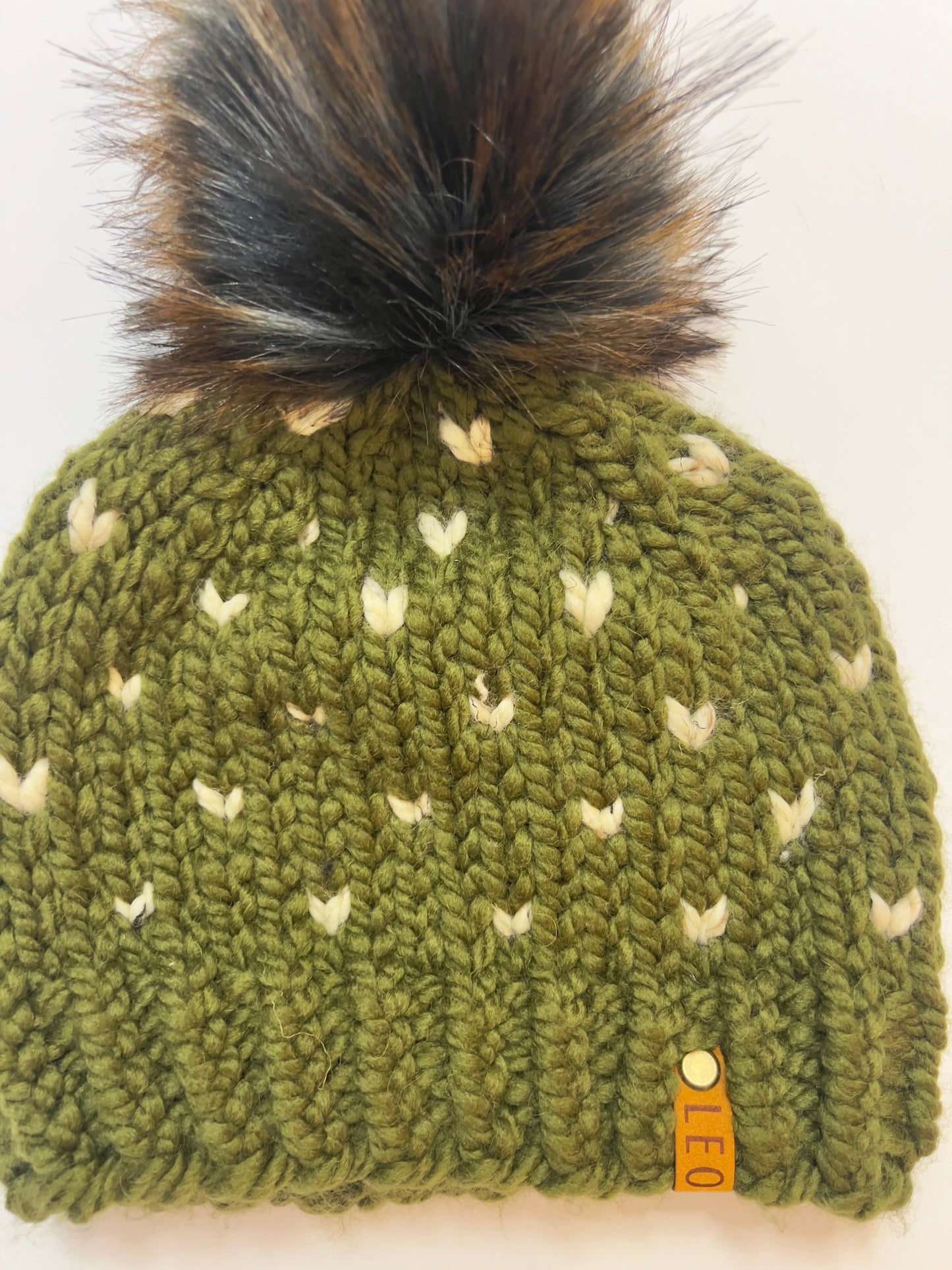 Handmade Wool Knit Hat with Faux Fur Pom | Hearts