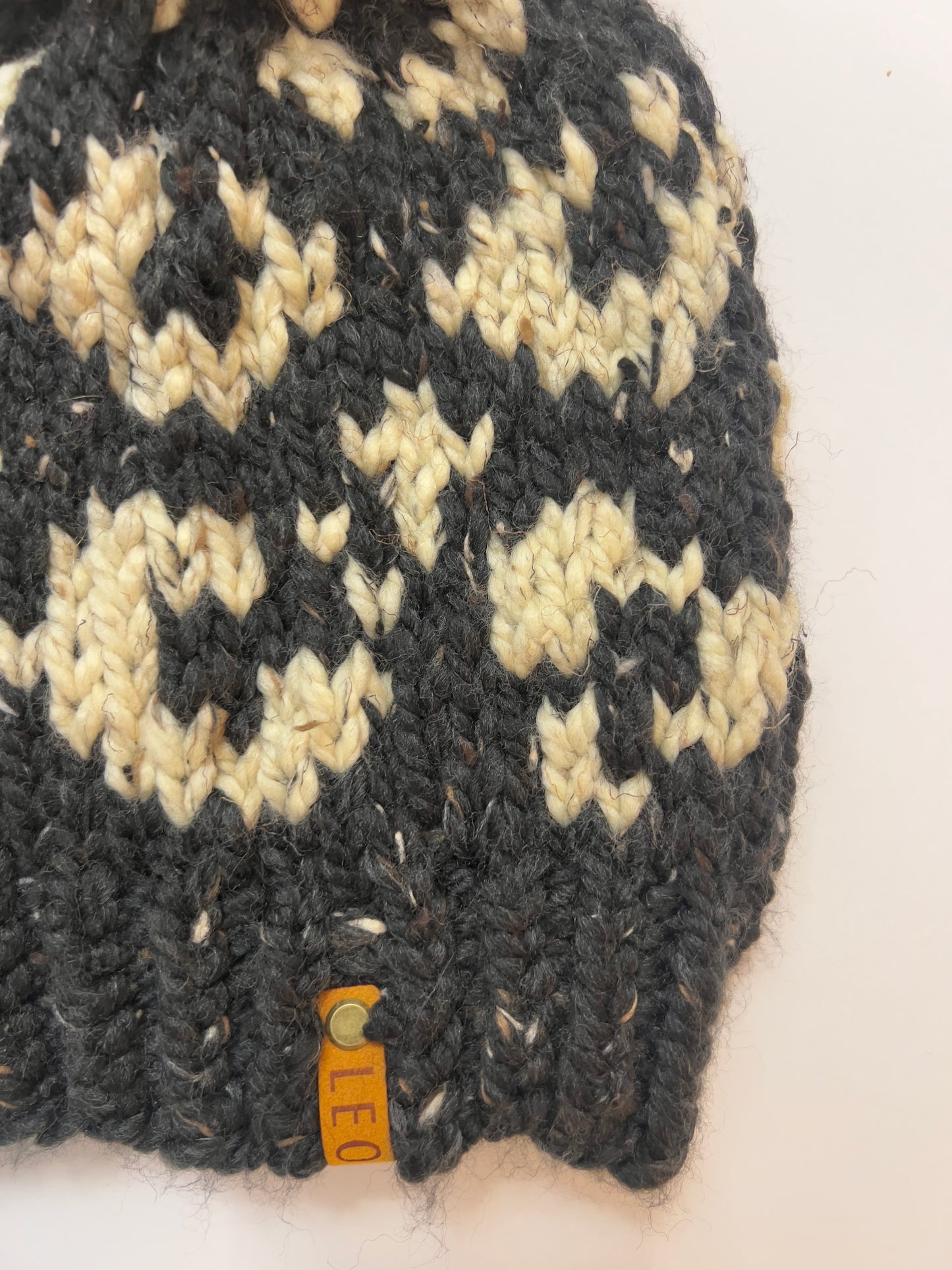 Handmade Wool Knit Hat with Faux Fur Pom | Leopard