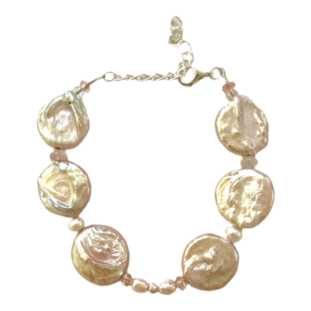 Bracelet | Large Flame Coin Pearls | Rose Quartz | Multi Pearls | Swarovski Crystals