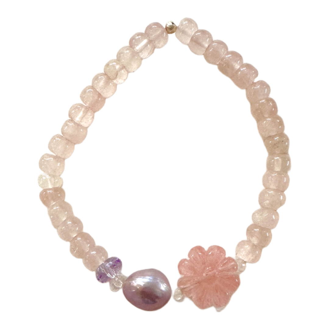Bracelet | Rose Quartz | Purple Pearl | Topaz | Strawberry Quartz Flower