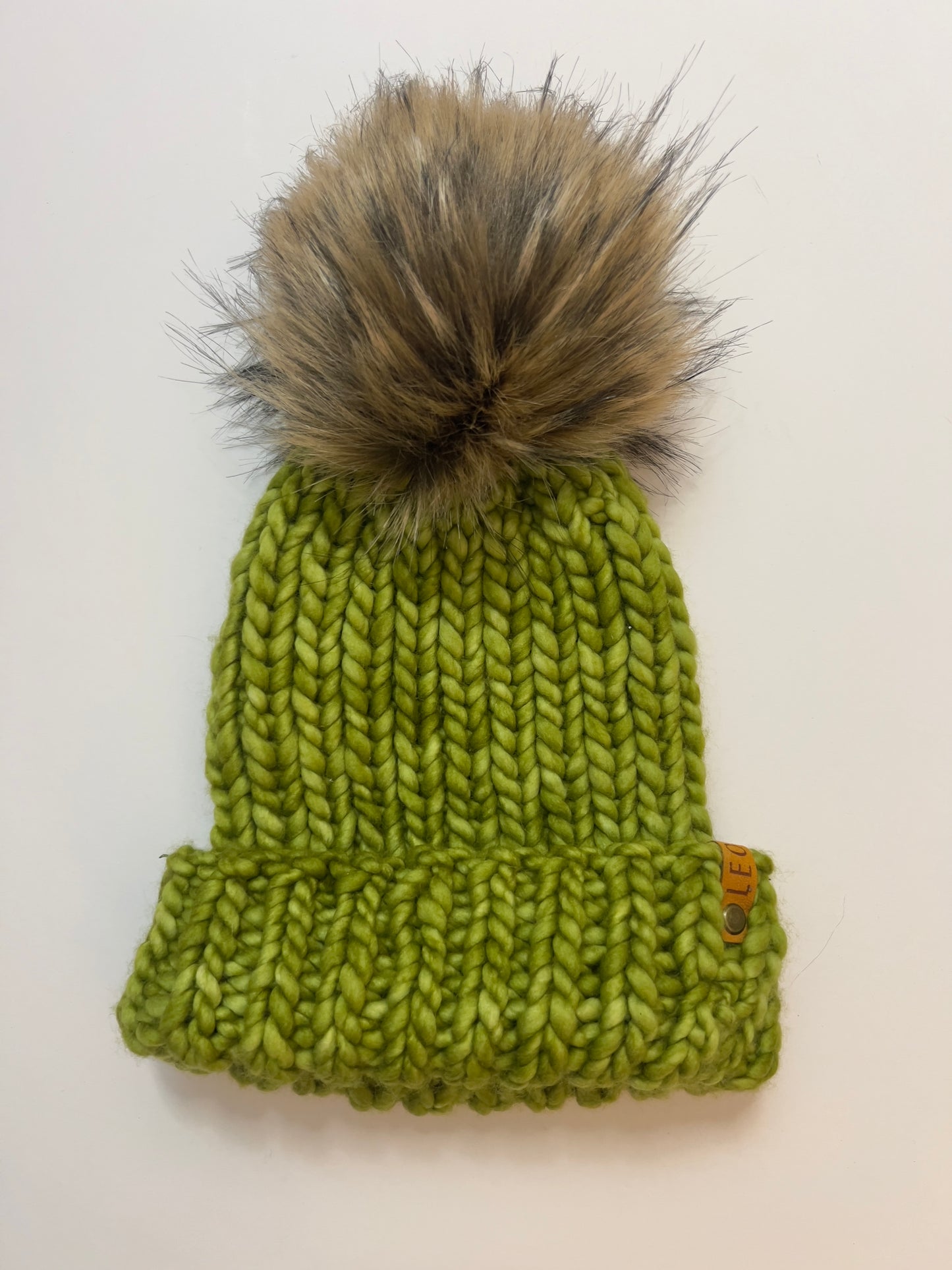 Handmade Wool Knit Hat with Faux Fur Pom | Chartreuse