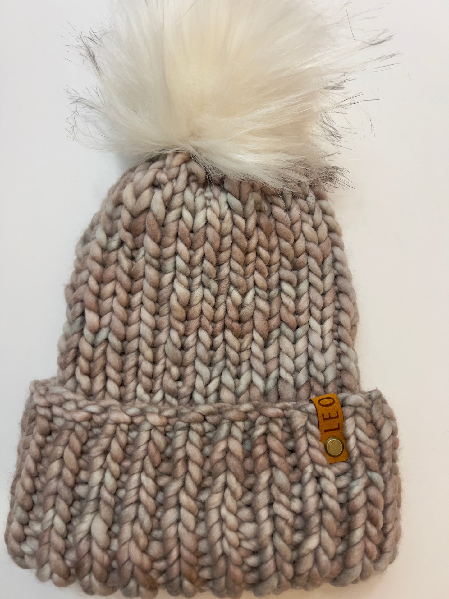 Handmade Wool Knit Hat with Faux Fur Pom | Light Multi