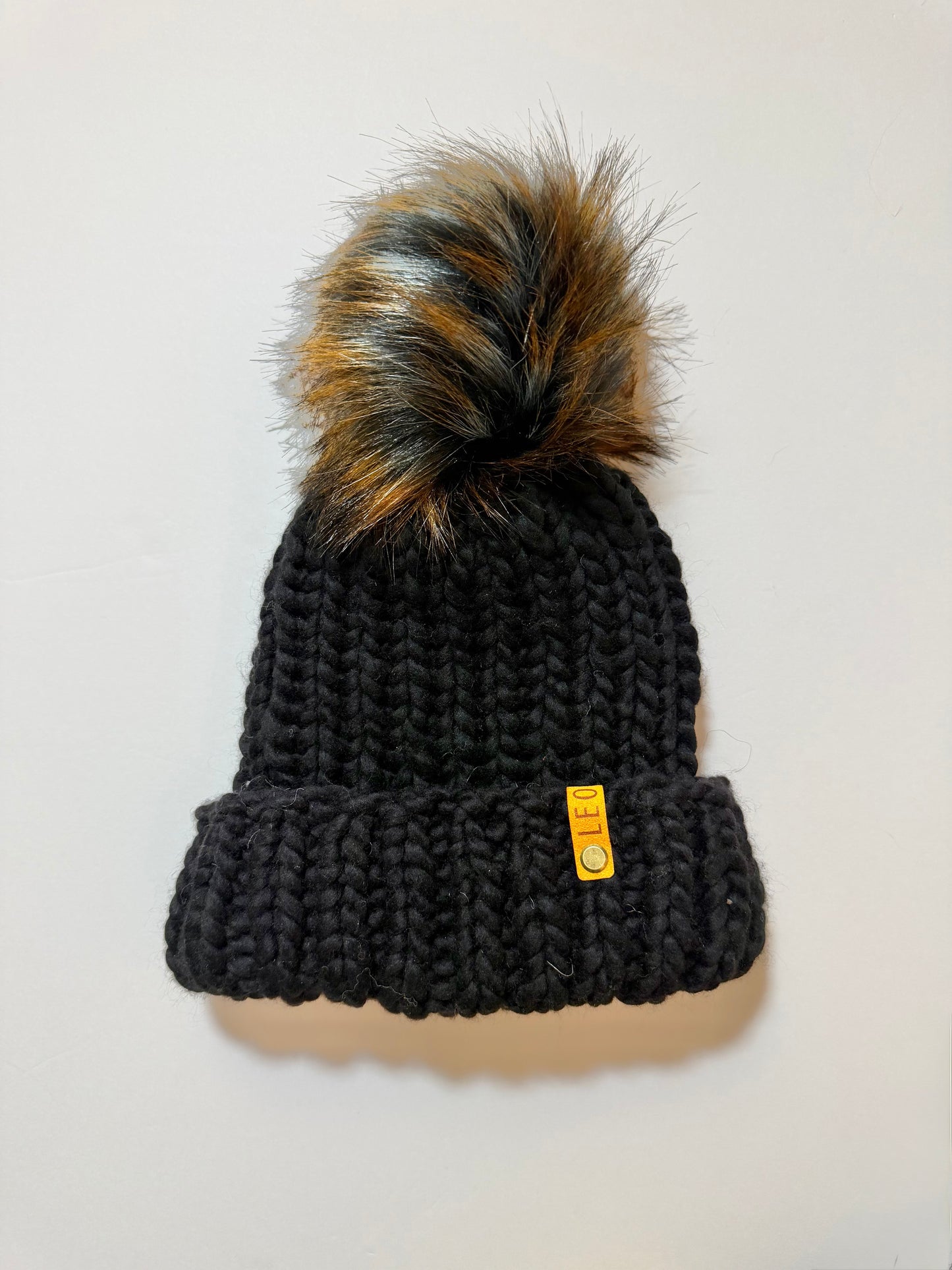 Handmade Wool Knit Hat with Faux Fur Pom | Black with Brown Pom
