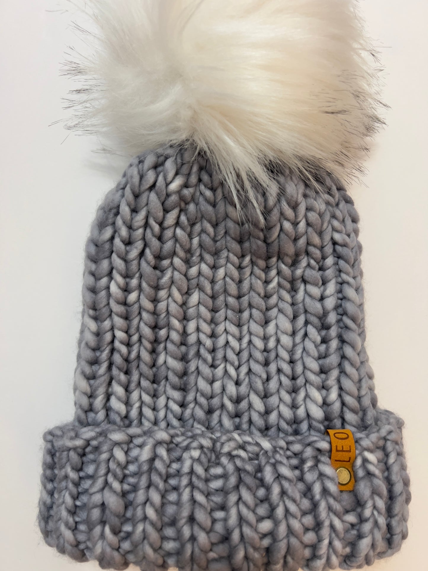 Handmade Wool Knit Hat with Faux Fur Pom | Gray