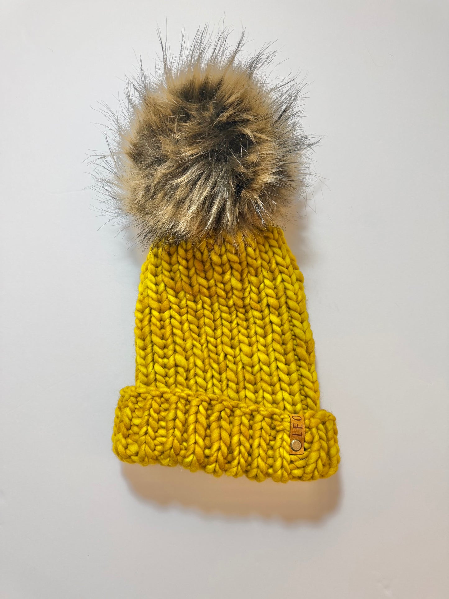 Handmade Wool Knit Hat with Faux Fur Pom | Goldenrod