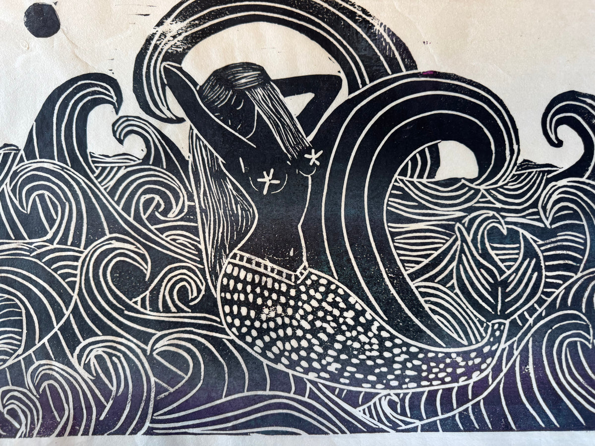 Mermaid & Waves Block Print | 16" x 20"