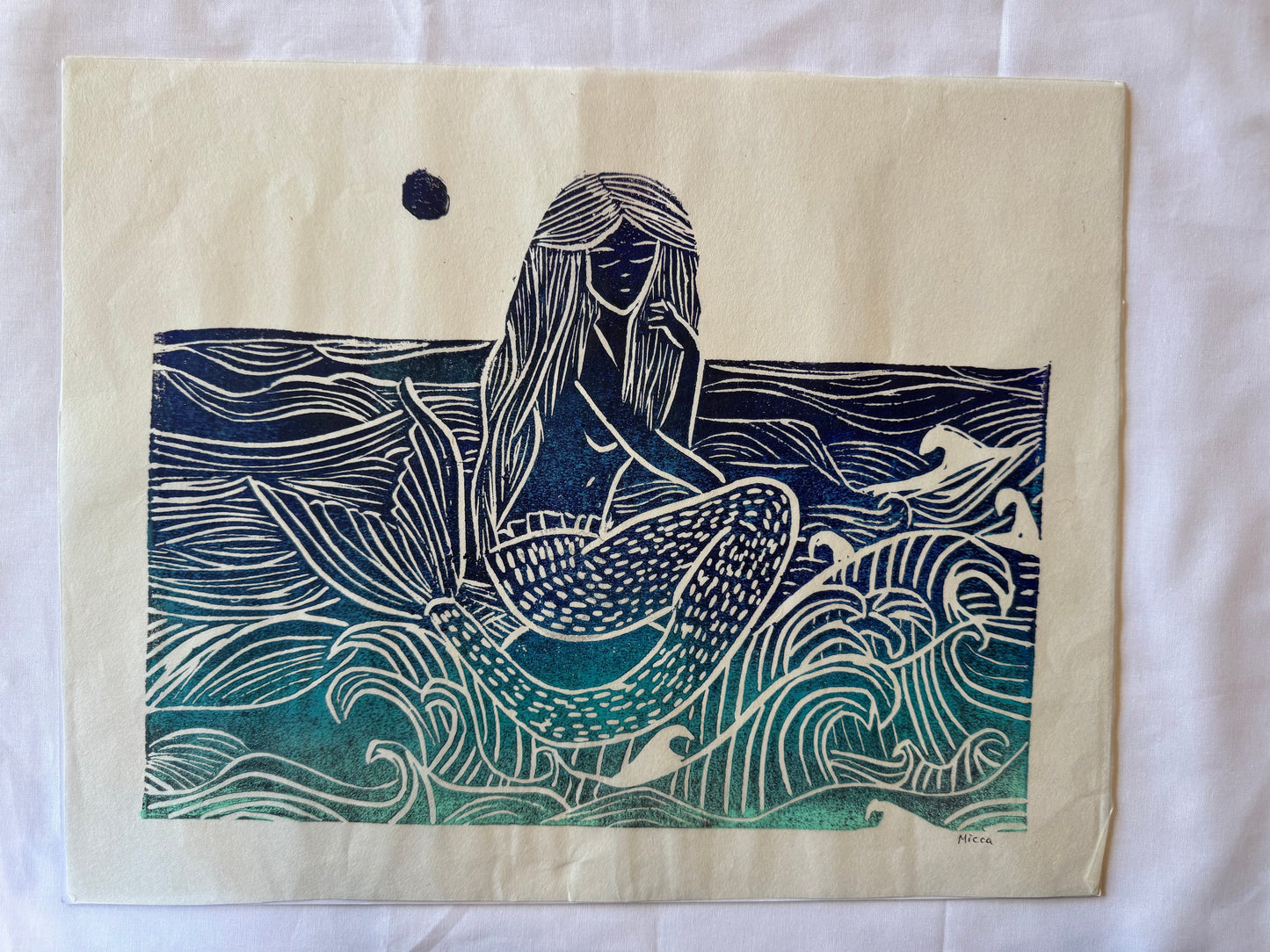 Mermaid in the Waves Block Print | 11" x 14"