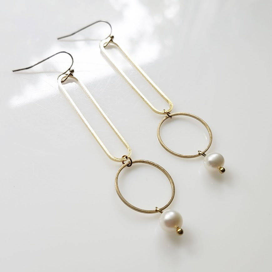 Pearl + Brass Geometric Earrings