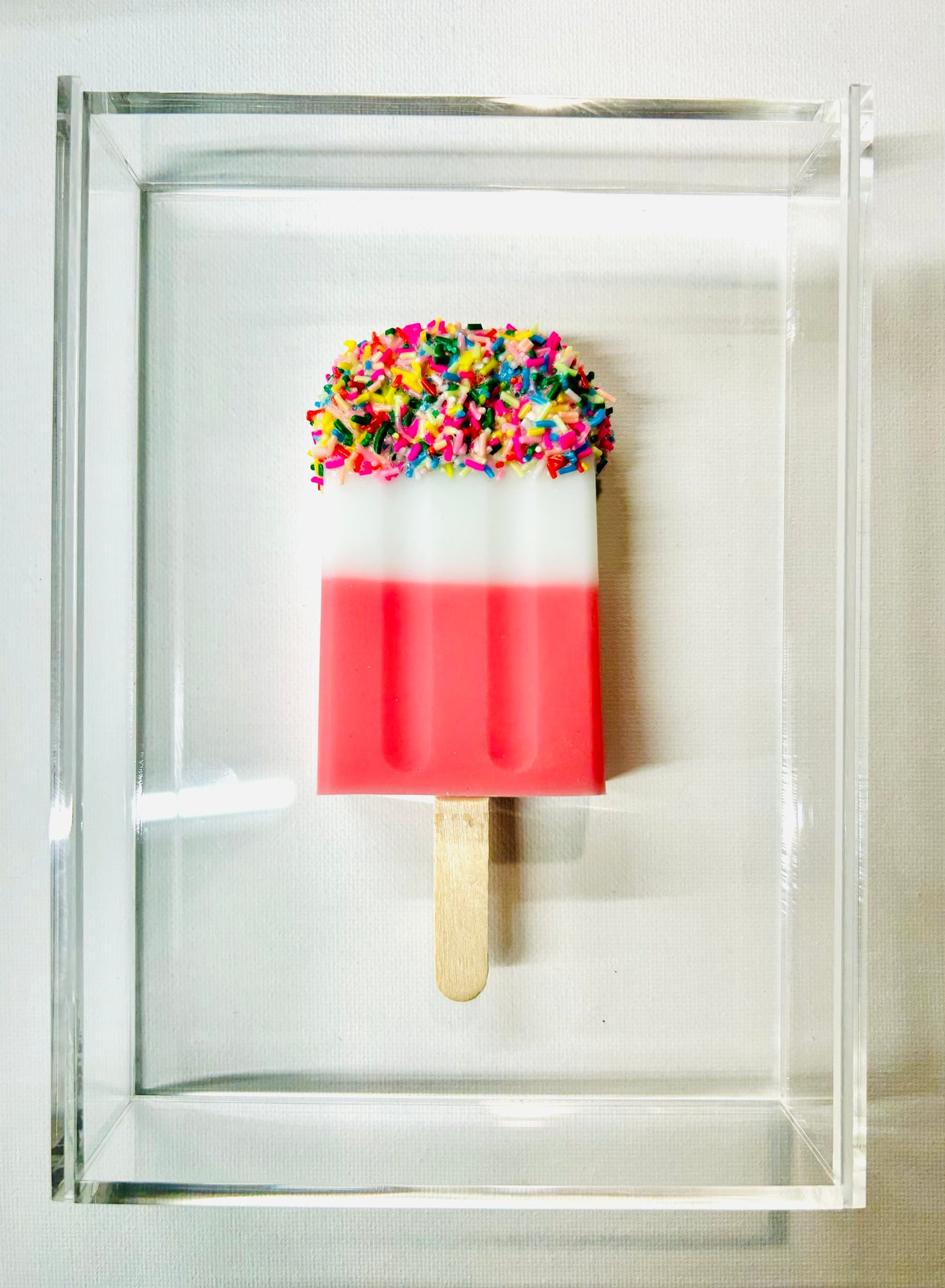 Resin and Acrylic Single Popsicle Art, 5 x 7, Pink and White with multicolor sprinkles (CIR036)
