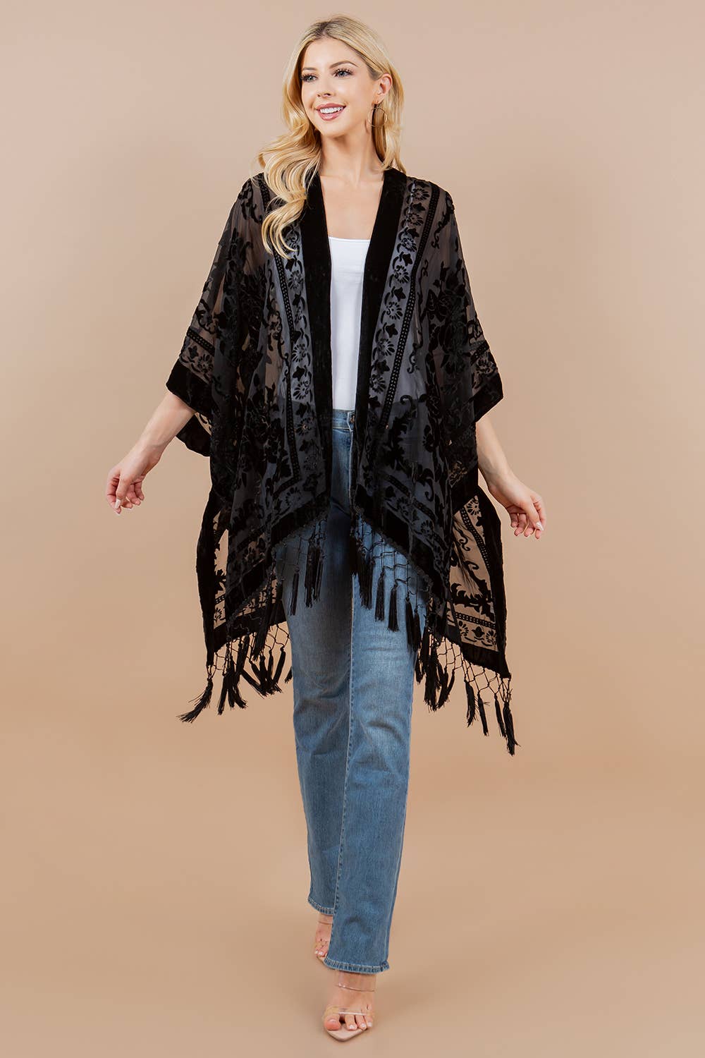 Kimono | Velvet Burnout | Black Fringe