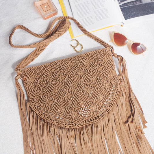 Boho Macrame Fringe Bag | Caramel