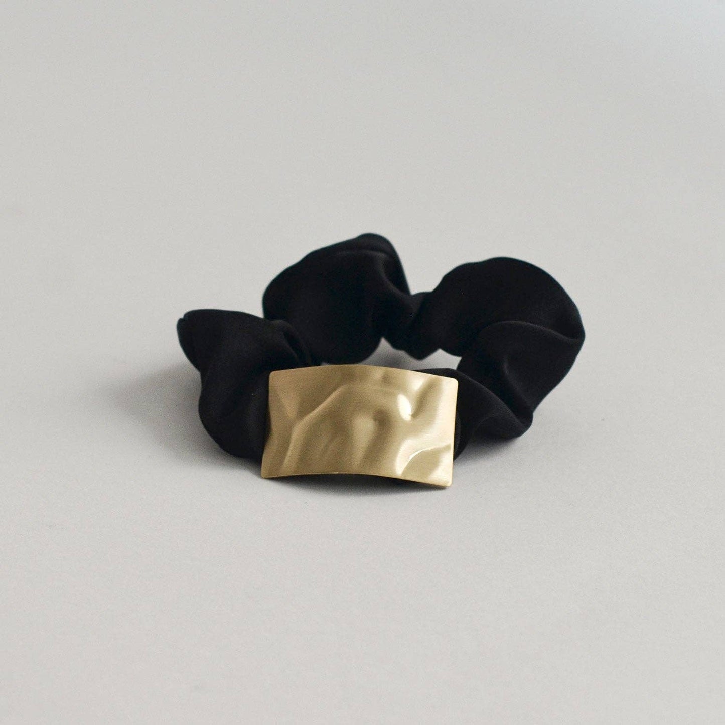 Satin Scrunchie with Rectangle Gold Charm | Black