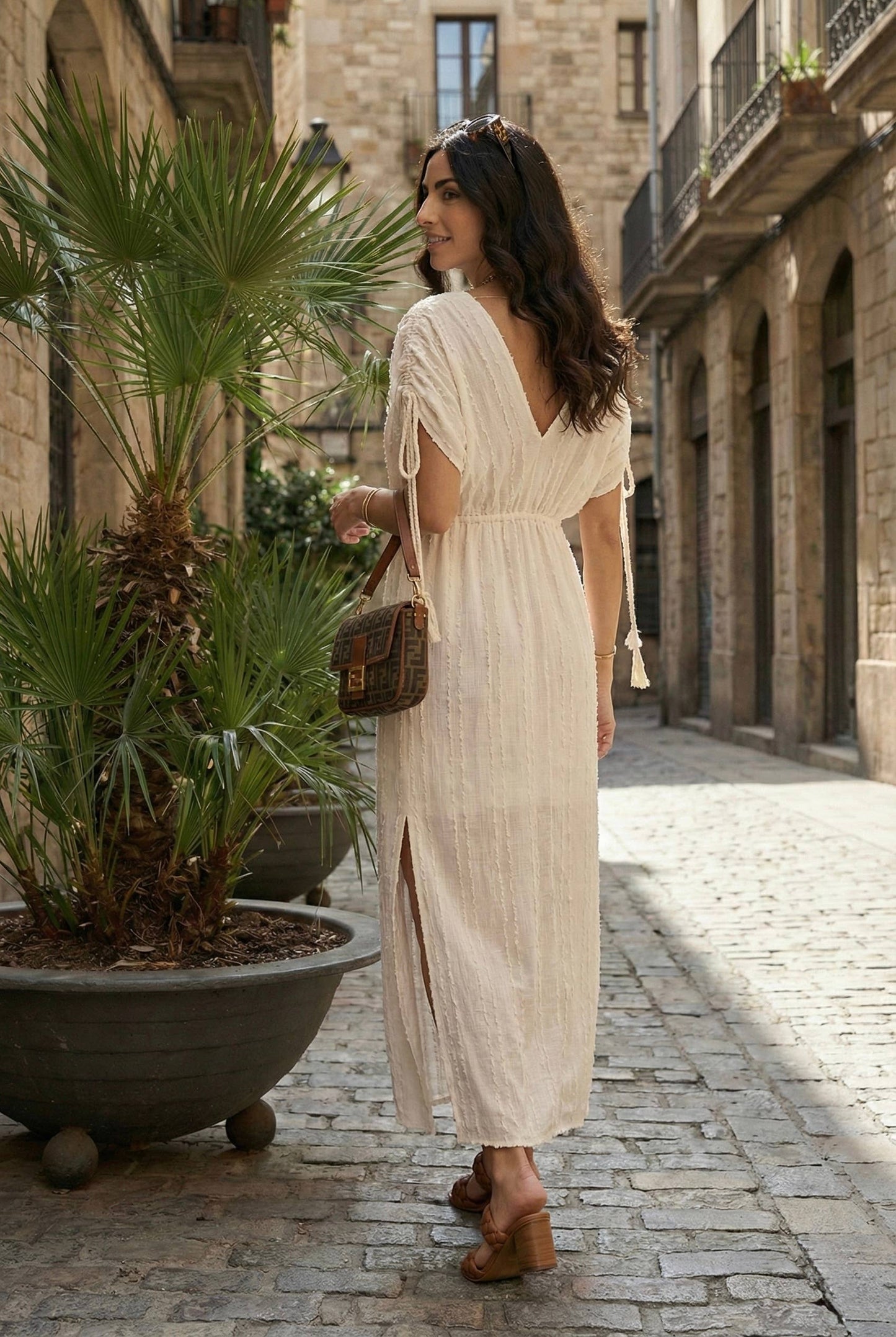 Boho Cotton Maxi Dress with Frayed Details + Pockets