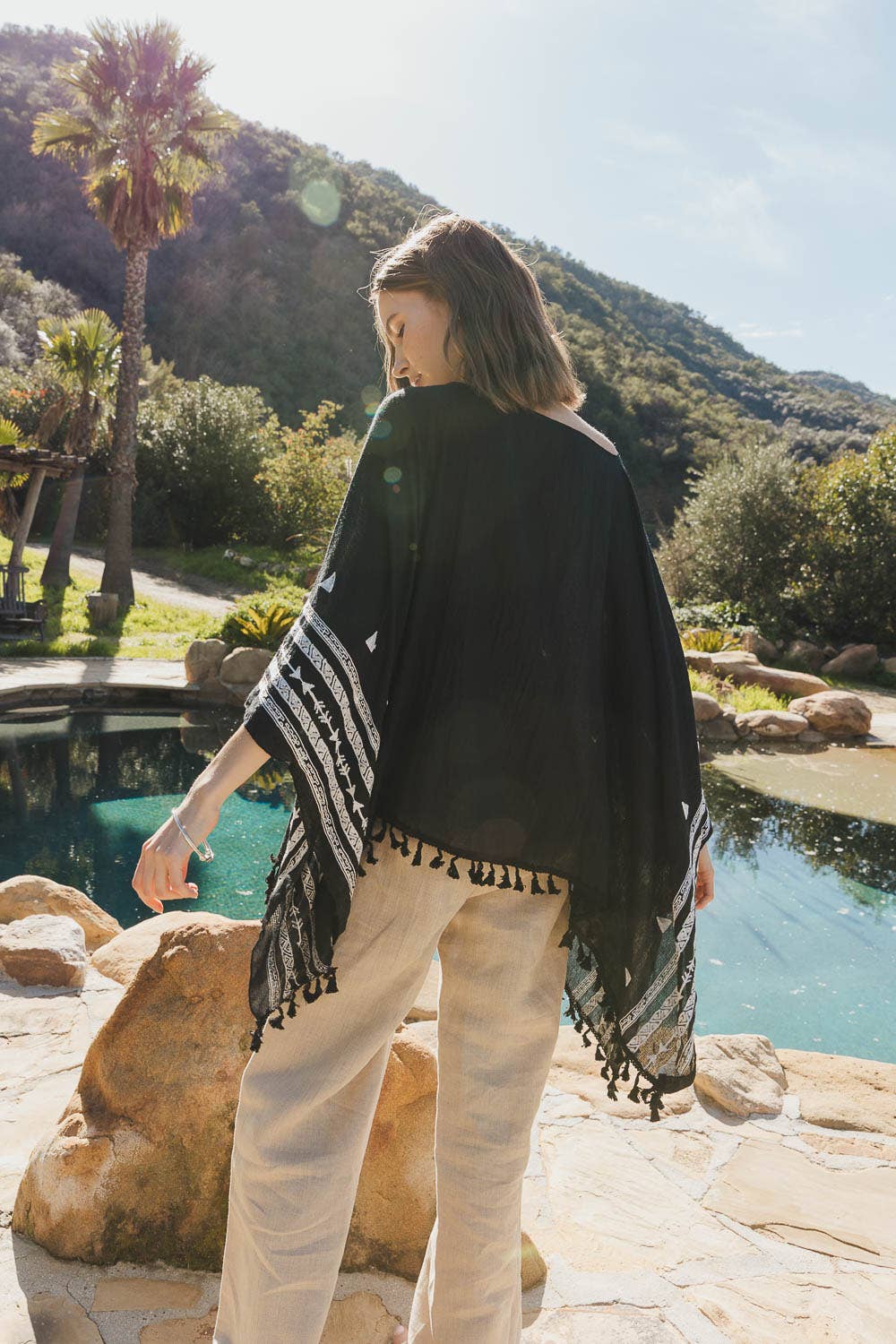 Kimono Cape | Embroidered Aztec | Black