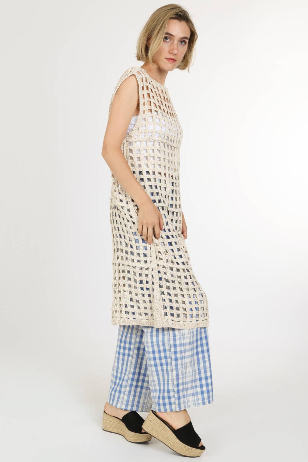 Hollow Out Net Cable Knit Sleeveless Midi Dress