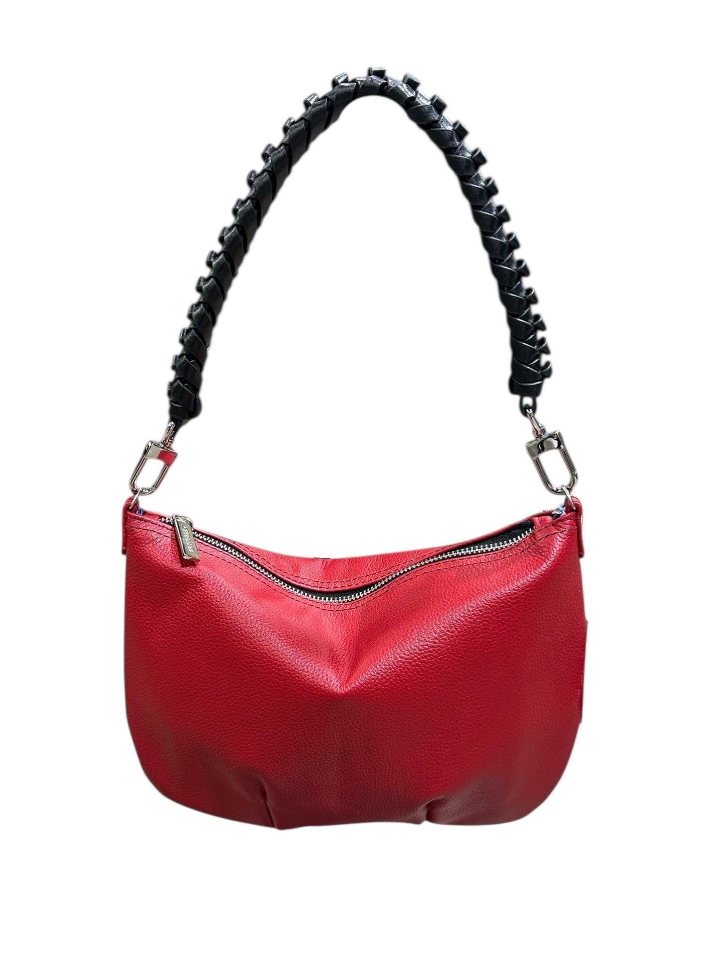 Red handbag with a black braided handle on a white background