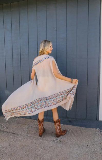 Kimono Vest | Embroidered Aztec | Beige