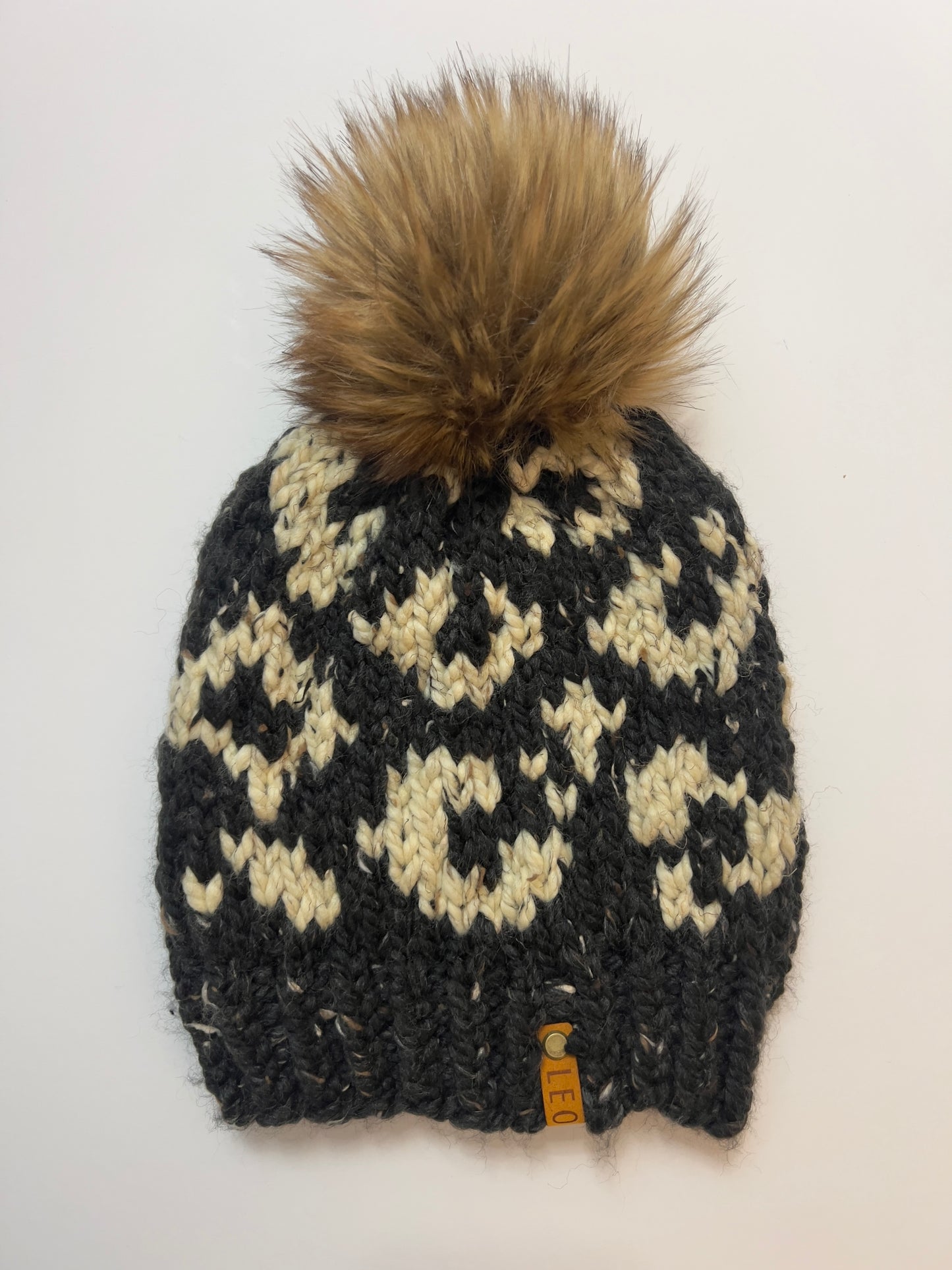 Handmade Wool Knit Hat with Faux Fur Pom | Leopard