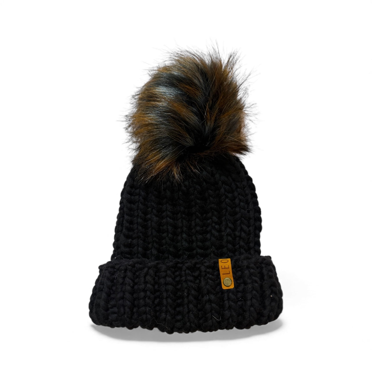 Handmade Wool Knit Hat with Faux Fur Pom | Black with Brown Pom
