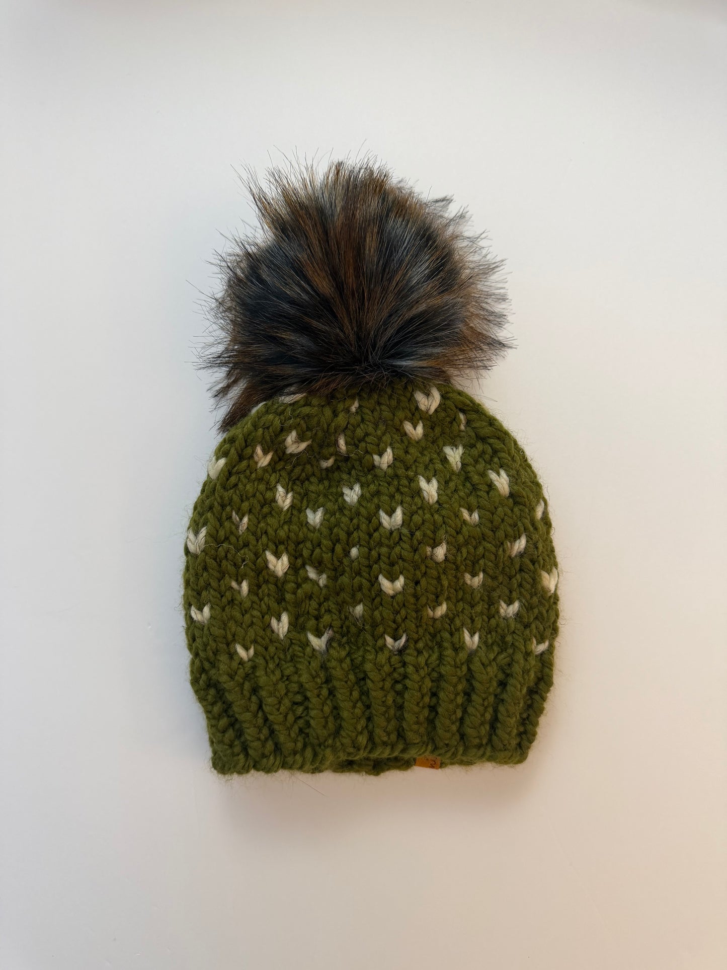 Handmade Wool Knit Hat with Faux Fur Pom | Hearts