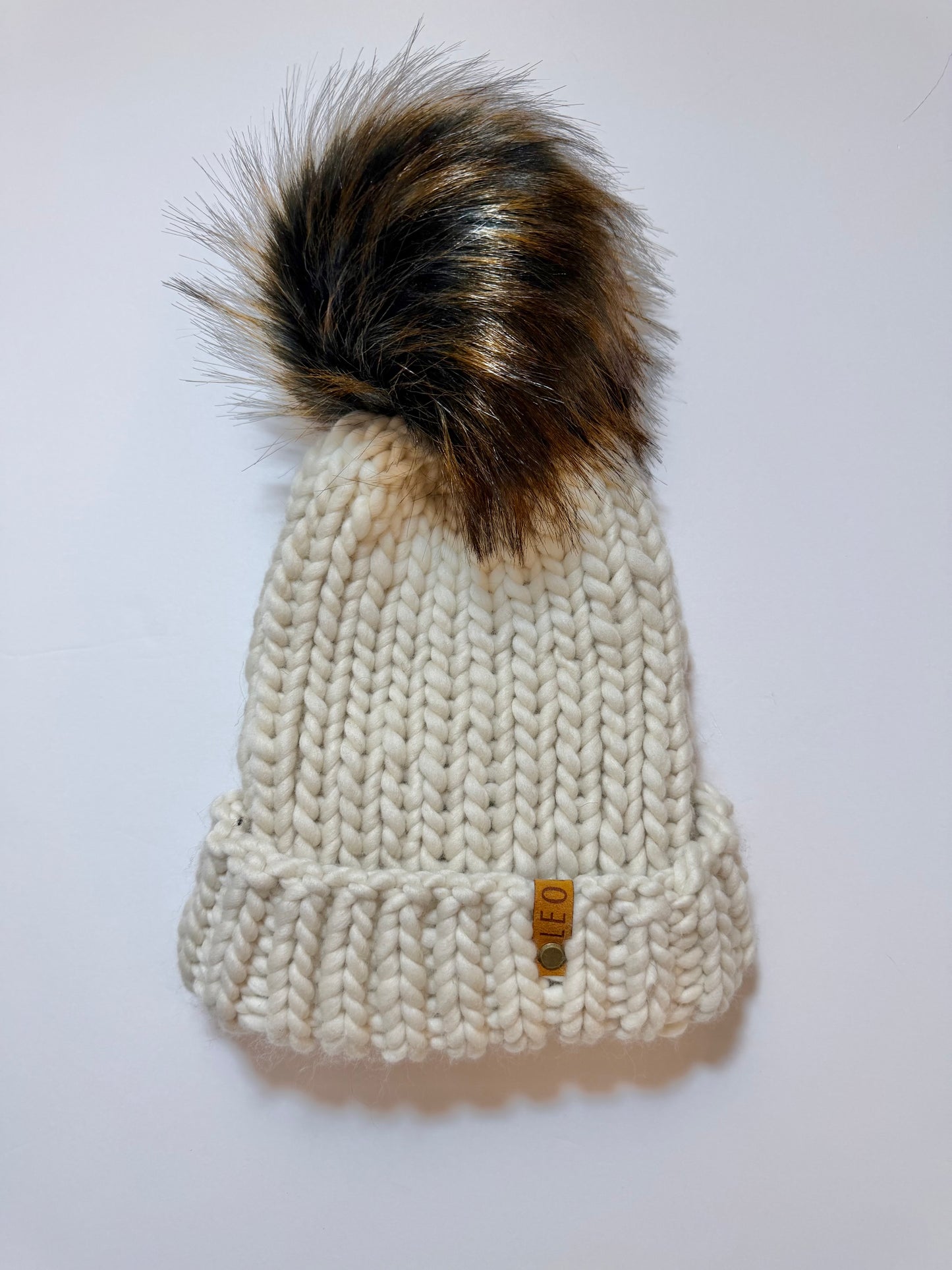 Handmade Wool Knit Hat with Faux Fur Pom | Cream
