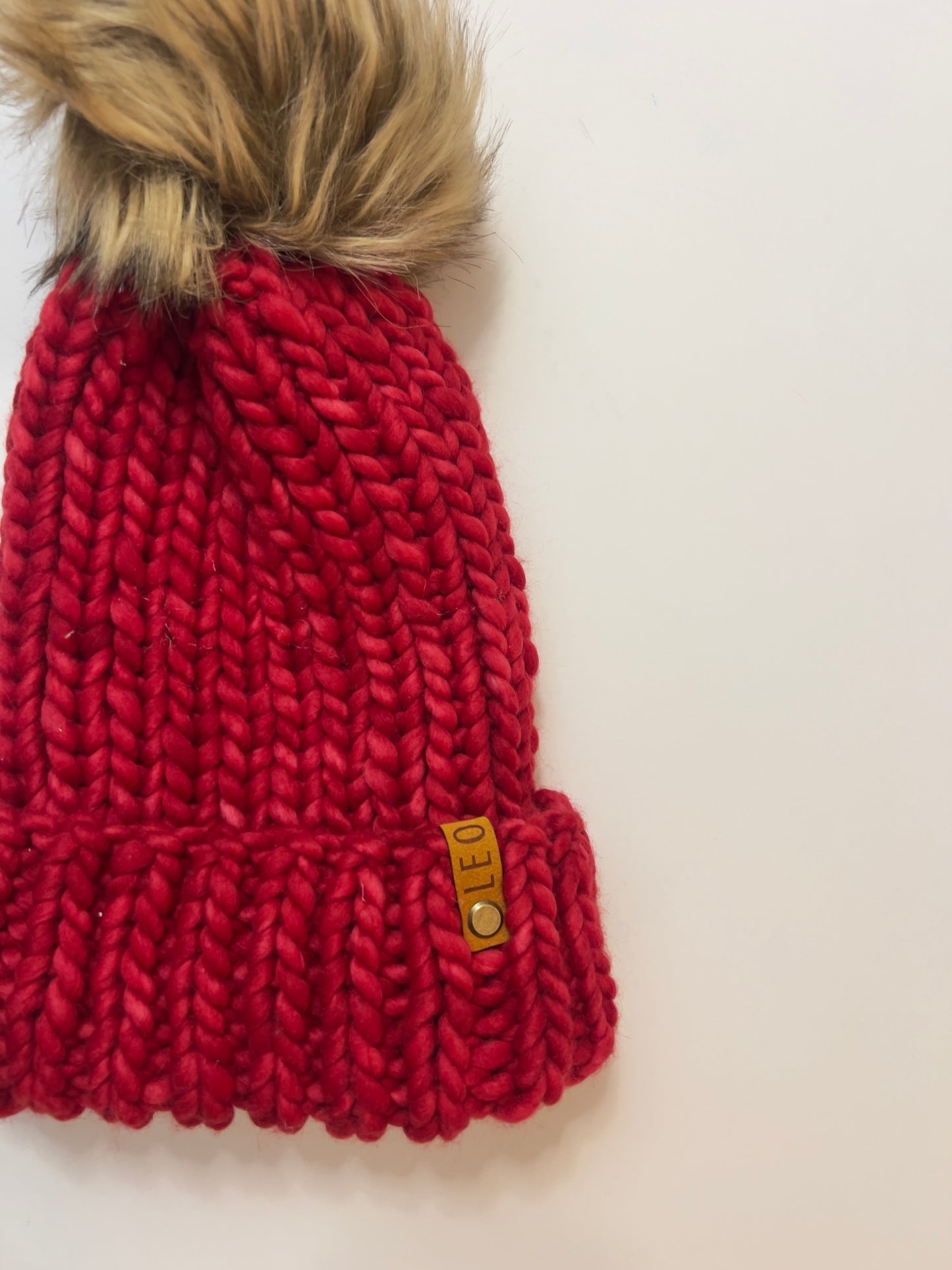Handmade Wool Knit Hat with Faux Fur Pom | Red